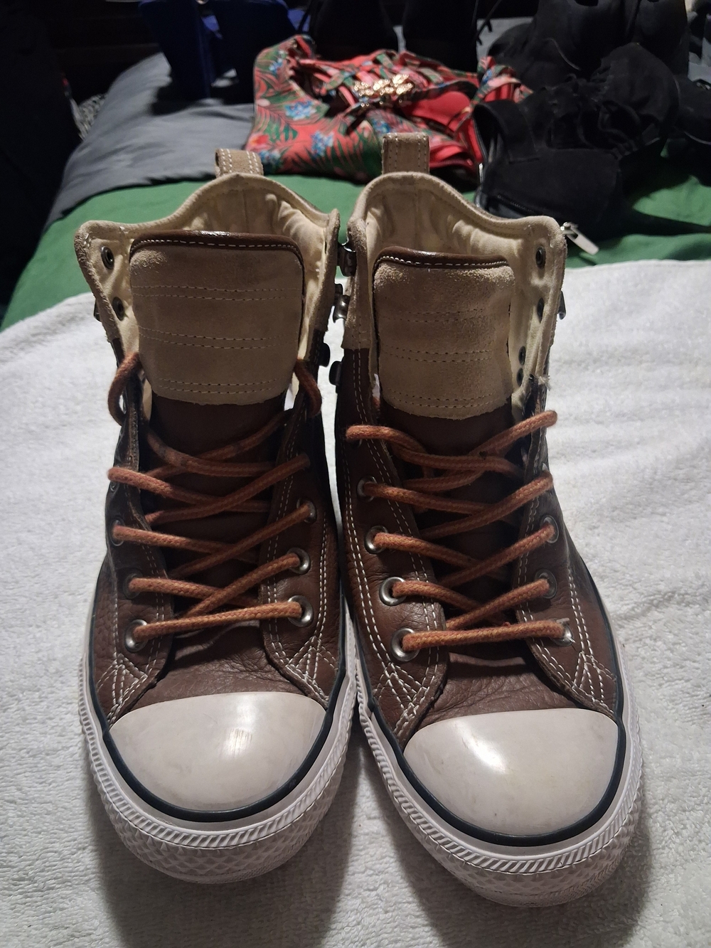 Men's Brown Cream and Grey High-Top Leather Converse Canvas Sneakers 2 Pairs